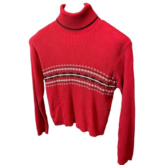 It’s Our Time Red Patterned Ribbed Turtleneck Long Sleeved Sweater Sz L - Picture 3 of 9